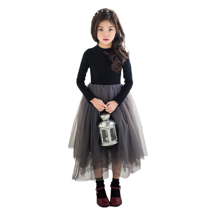 HT118 Girls' Autumn and Winter 2020 Girls' dress fleece-lined Thickened Korean Style Children's Wear Female Princess Dress Mesh Dress
