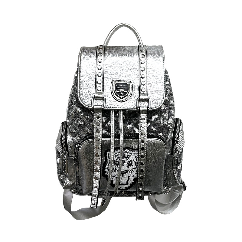 Picture of Sequin Backpack Women's 2025 New Trendy Personalized Easiest for Match Backpack British Style Drawstring Soft Leather Internet Celebrity Travel Bag