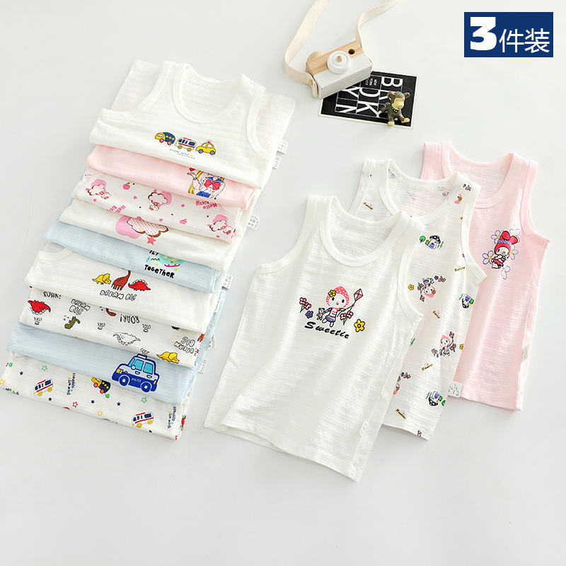 Picture of 3 PCs Summer Slub Cotton Children's Vest Boys and Girls Baby 100 Cotton Cartoon Sleeveless Base Pajamas Lightweight Breathable