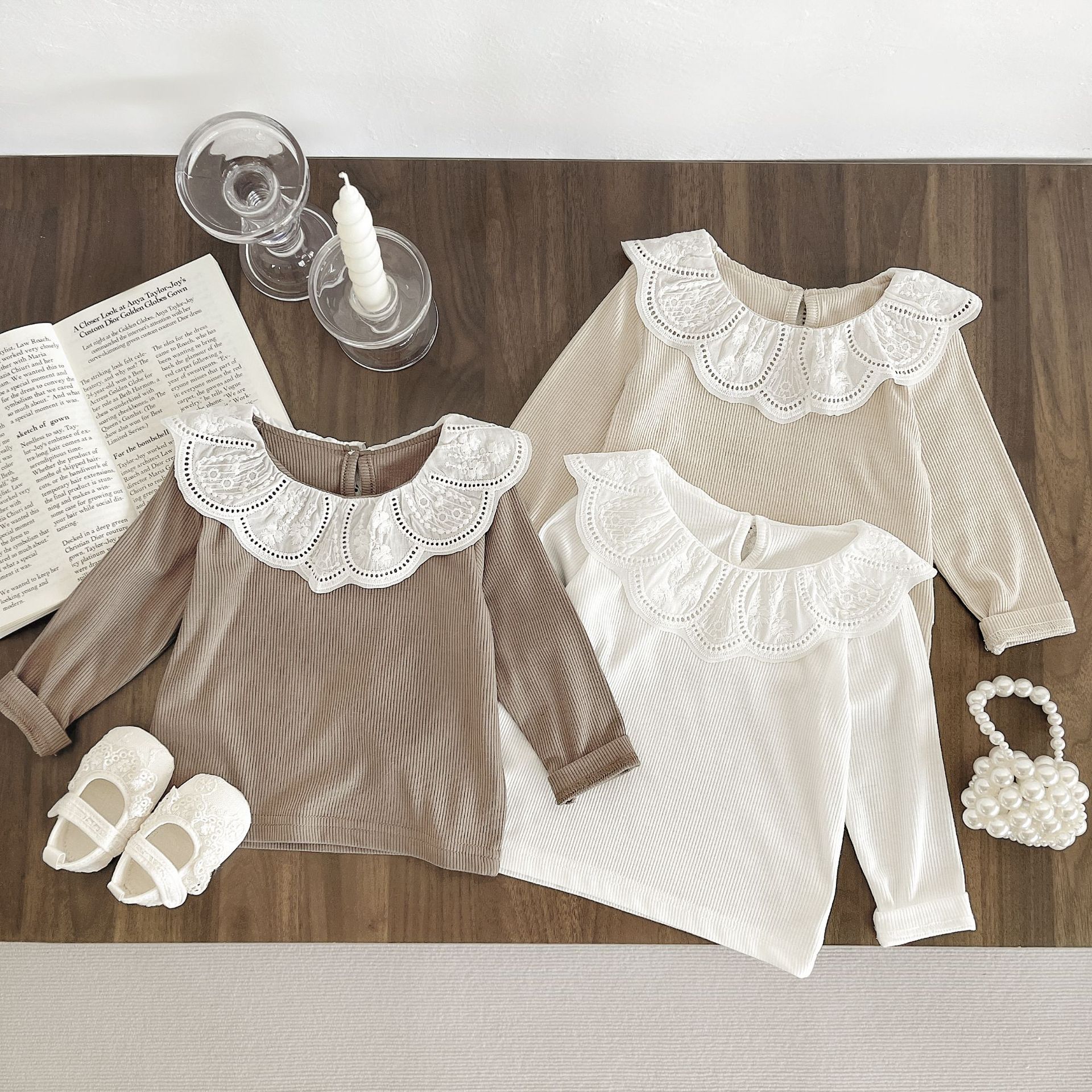 Baby Spring and Autum Clothing Doll Collar Fashionable T-Shirt Korean Style Baby Girl Autum Lotus Leaf Collar Bottoming Shirt Kidsren's Clothing Top
