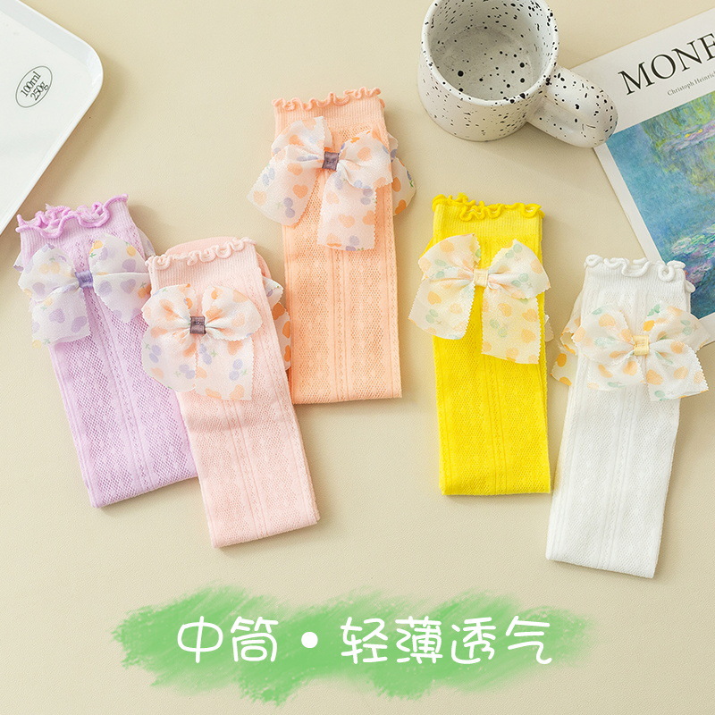 Picture of Girls' mid-calf socks summer thin Korean style bow Princess baby stockings mesh little girl calf socks