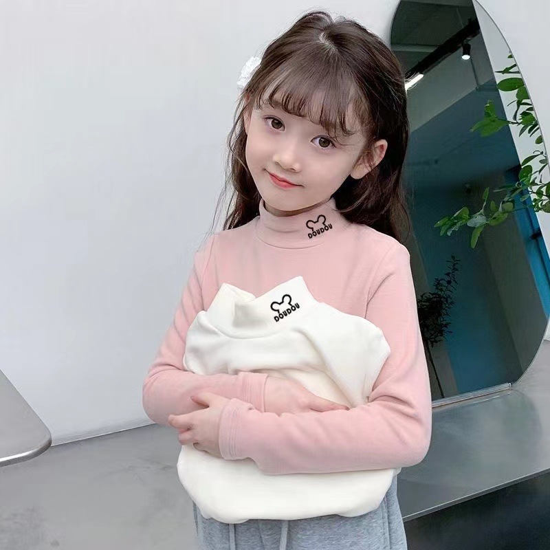 Girls' T-shirt 2024 New Arrival Girls' Half-high Collar Long-sleeved Children's Autumn and Winter Velvet Warm All-match Base Shirt