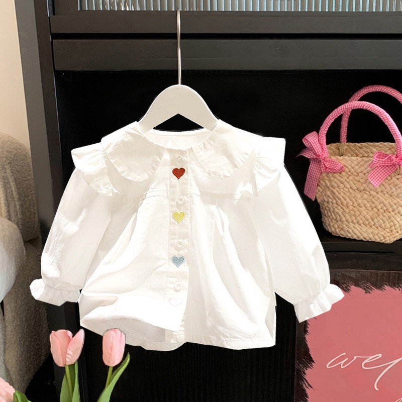 Picture of Girls' Shirt Children's Spring and Autumn Clothes Korean Style Western Style White Lace Shirt with Large Lapel for Baby Long Sleeve Top