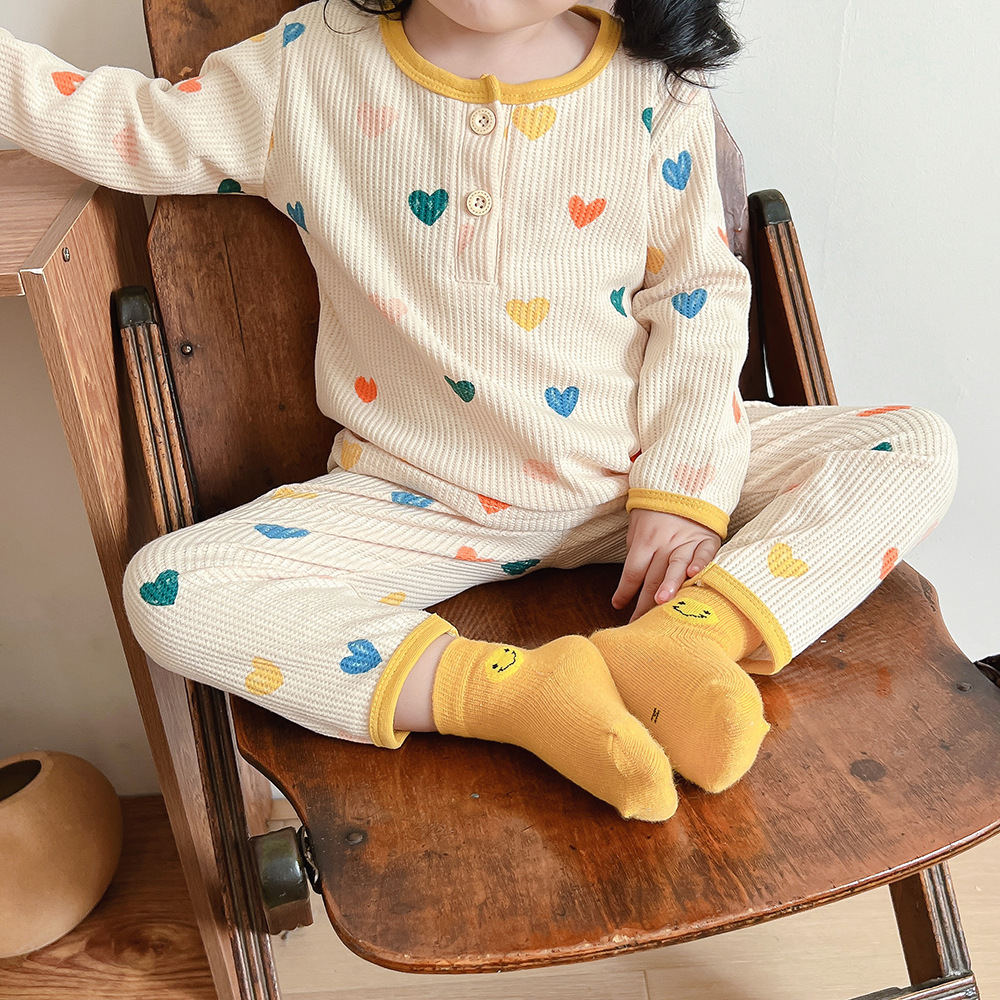 Picture of Children's Pajamas Girls' Home Clothes Boys' Cartoon Pure Cotton Waffle Suit Korean peekaboo Sleepsuit