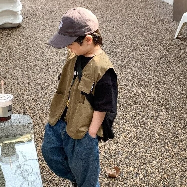 Spring and Summer 2024 Boys' Functional Workwear Vest Loose Western-style Children's Japanese-style Personalized Vest Jacket Western-style Fashion