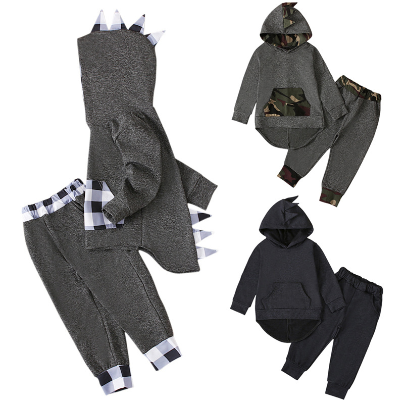 Children's European and American Spring and Autumn Boys Long Sleeve Horned Hooded Sweat Top + Trousers Two-Piece Children's Clothing ins
