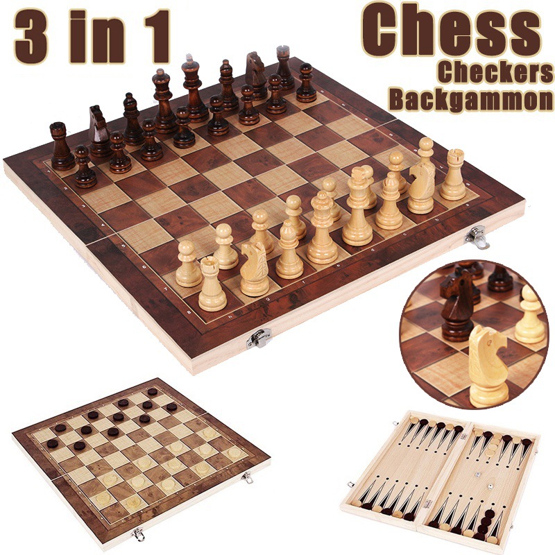 Picture of 3 in 1 wooden foldable chess natural wood lacquer game chess multi-function black and white chess Chess