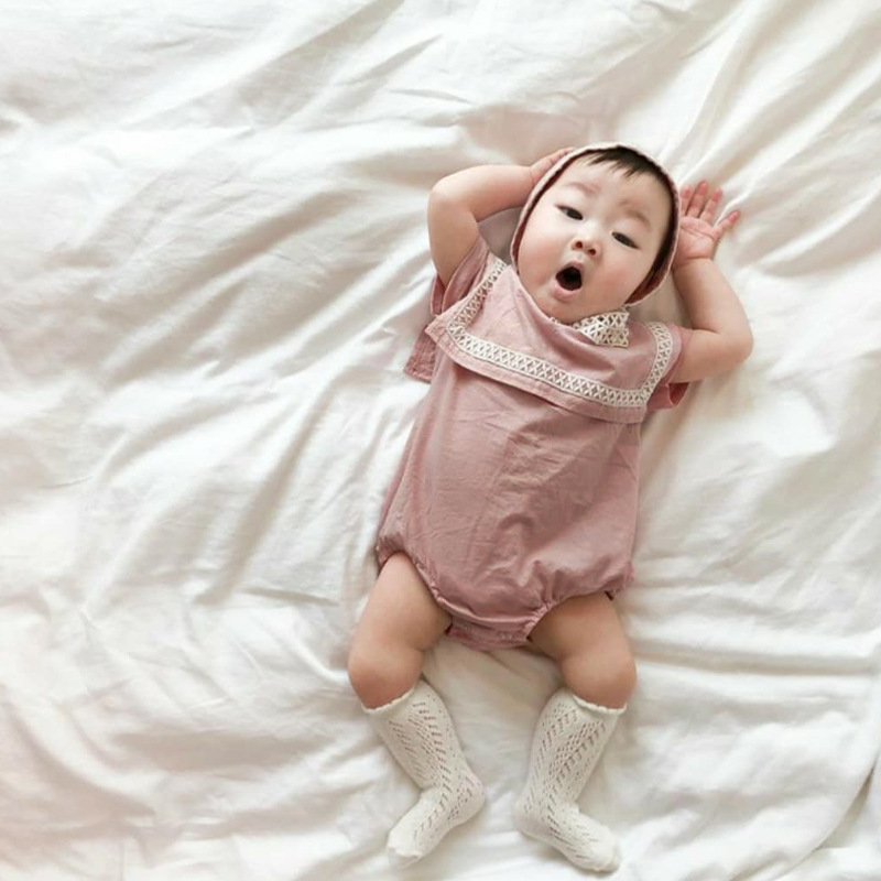 Picture of 2024 summer baby clothing large lapel cotton lace baby jumpsuit baby clothes triangle climbing suit hat