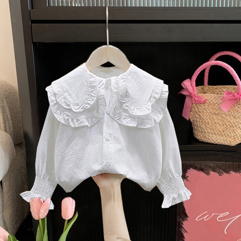 Picture of Girls' Shirt Children's Spring and Autumn Clothes Korean Style Western Style White Lace Shirt with Large Lapel for Baby Long Sleeve Top