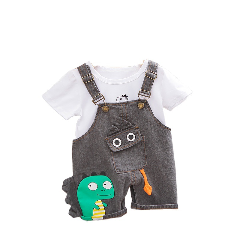 Picture of Summer New Children's Cartoon Dinosaur Short-sleeved Suspender Pants Set Round Neck Printed Short-sleeved Shorts Two-piece Set