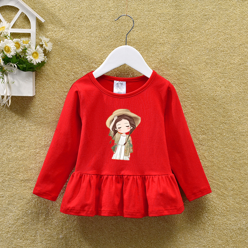 2023 spring and autumn bottoming shirt girls' new western style solid color long sleeve cartoon T-shirt children's clothing bottoming shirt