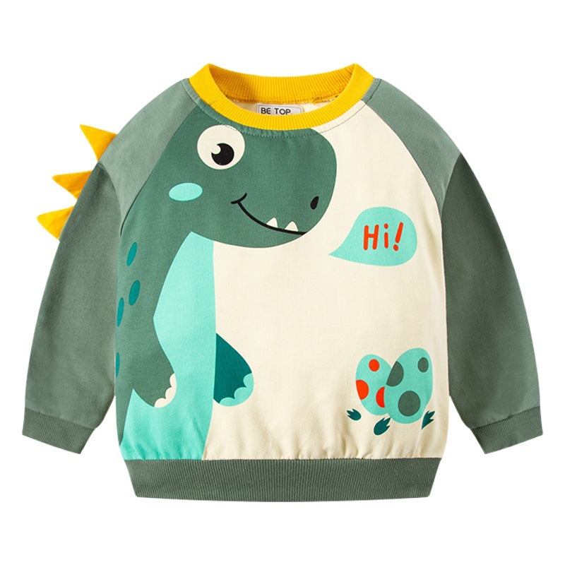 Be Top Kidsren's Clothing 2025 Spring and Autum New Kidsren's Cartoon Dinosaur Pullover Sweatshirt Long-Sleeved Contrast Round Neck Trendy