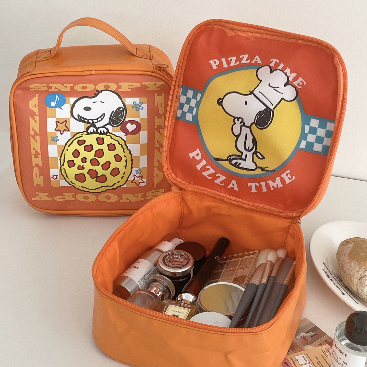 Orange Snoopy Cosmetic Bag Double-sided Printed Cute Puppy Student Portable Large Capacity Puleather Portable Storage Bag