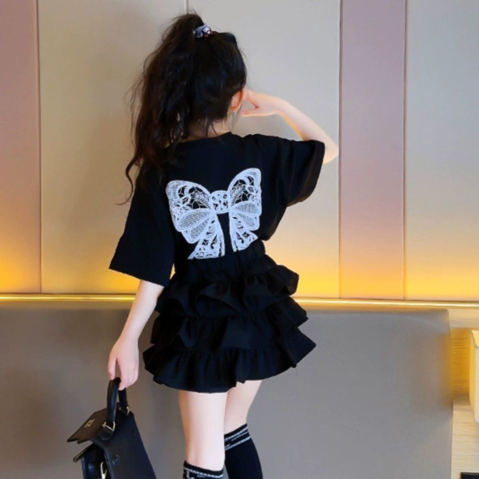 Picture of Girls Summer Suit 2025 New Cake Skirt, Fashionable Kidsren's Short-Sleeved T-Shirt, Fashionable Pleated Skirt Two-Piece Set