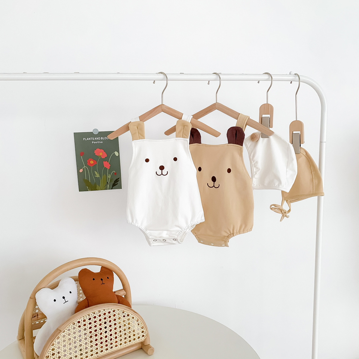 Picture of 2025 Baby Clothes Summer Cute Bear Sleeveless Sling Bag Fart Clothes for Boys and Girls, Two Sets of Hats