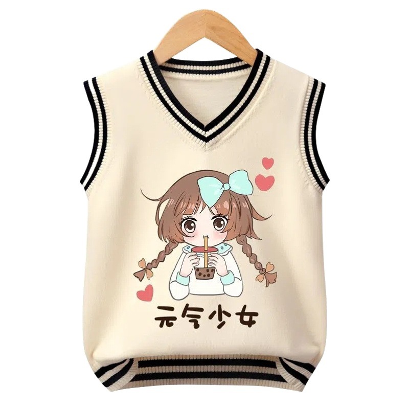 Girls' Knitted Vest Spring and Autumn New Children's Cartoon Wool Vest Children's Girls' College Sweater Outwear Fashion