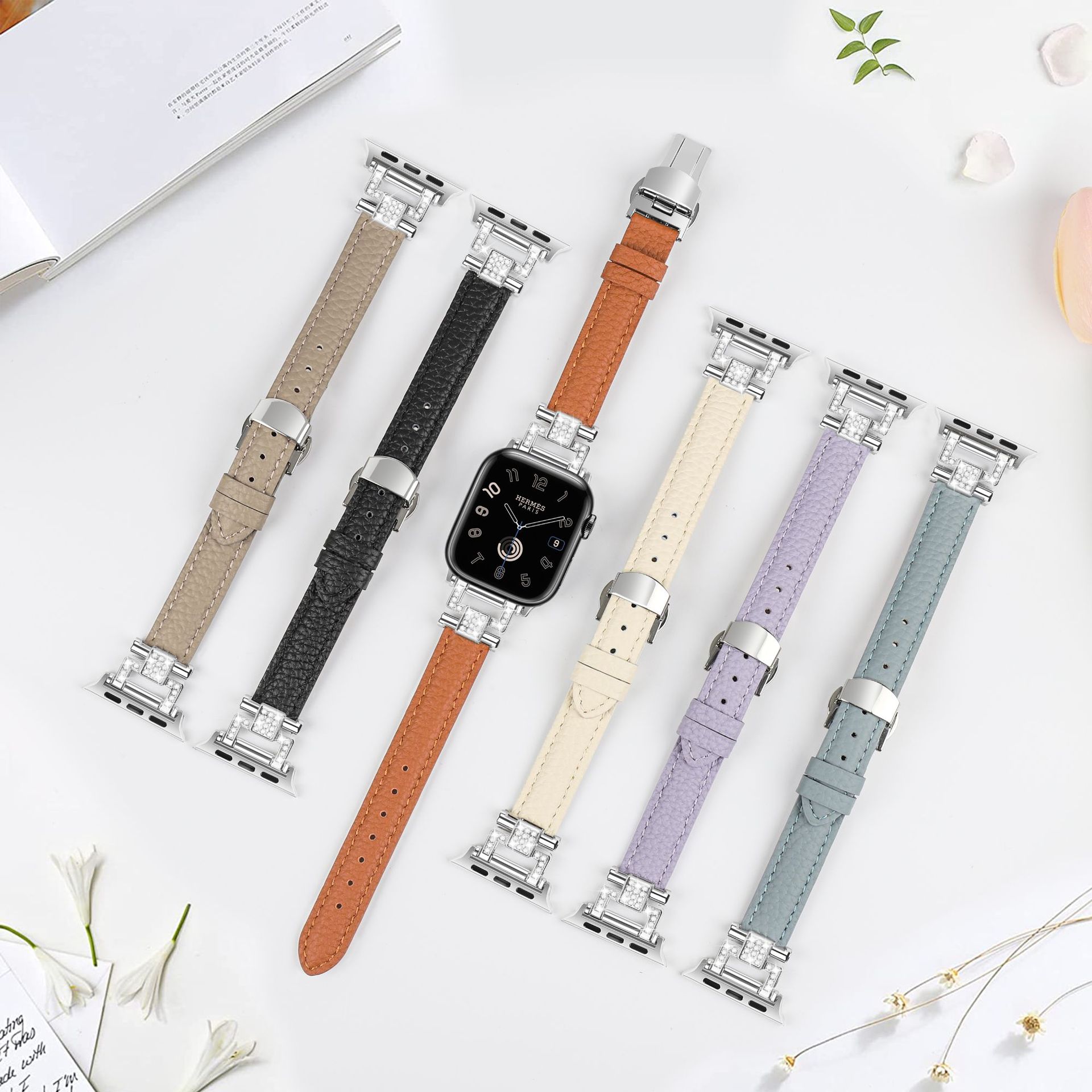 Picture of Suitable for Apple Watch strap Y head appleiwatch98 small waist lychee pattern leather butterfly buckle strap