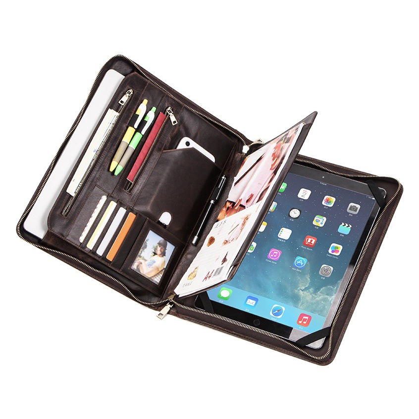 Suitable for ipad pro12.9 leather protective case multi-function can be put a4 paper zipper portable iPad leather case wholesale
