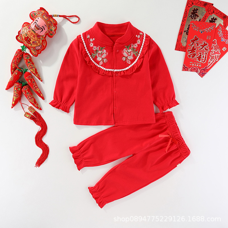 Girl Baby 1-2 Year Old Dress Spring Suit Summer and Autumn Clothes Baby New Year Clothes New Year Full Moon Hundred Days Clothes