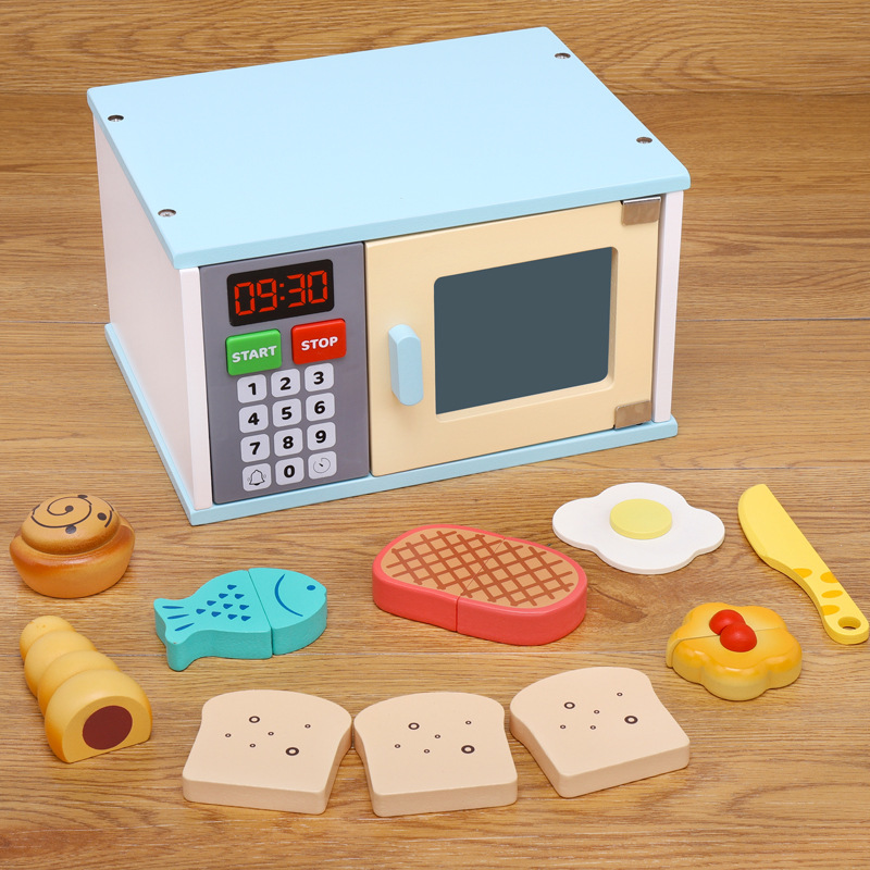 Picture of Children's Educational Toys Wooden Simulation Play House Kitchen Toy Set Coffee Machine Bread Machine Microwave Oven Toy