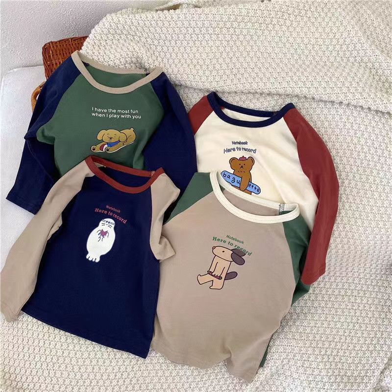 Pure Cotton Kidsren's Long-Sleeved T-Shirt 2025 Autumn New Boys and Girls Cartoon Contrasting Color Bottoming Shirt Baby Korean Style Cotton Top T-Shirt