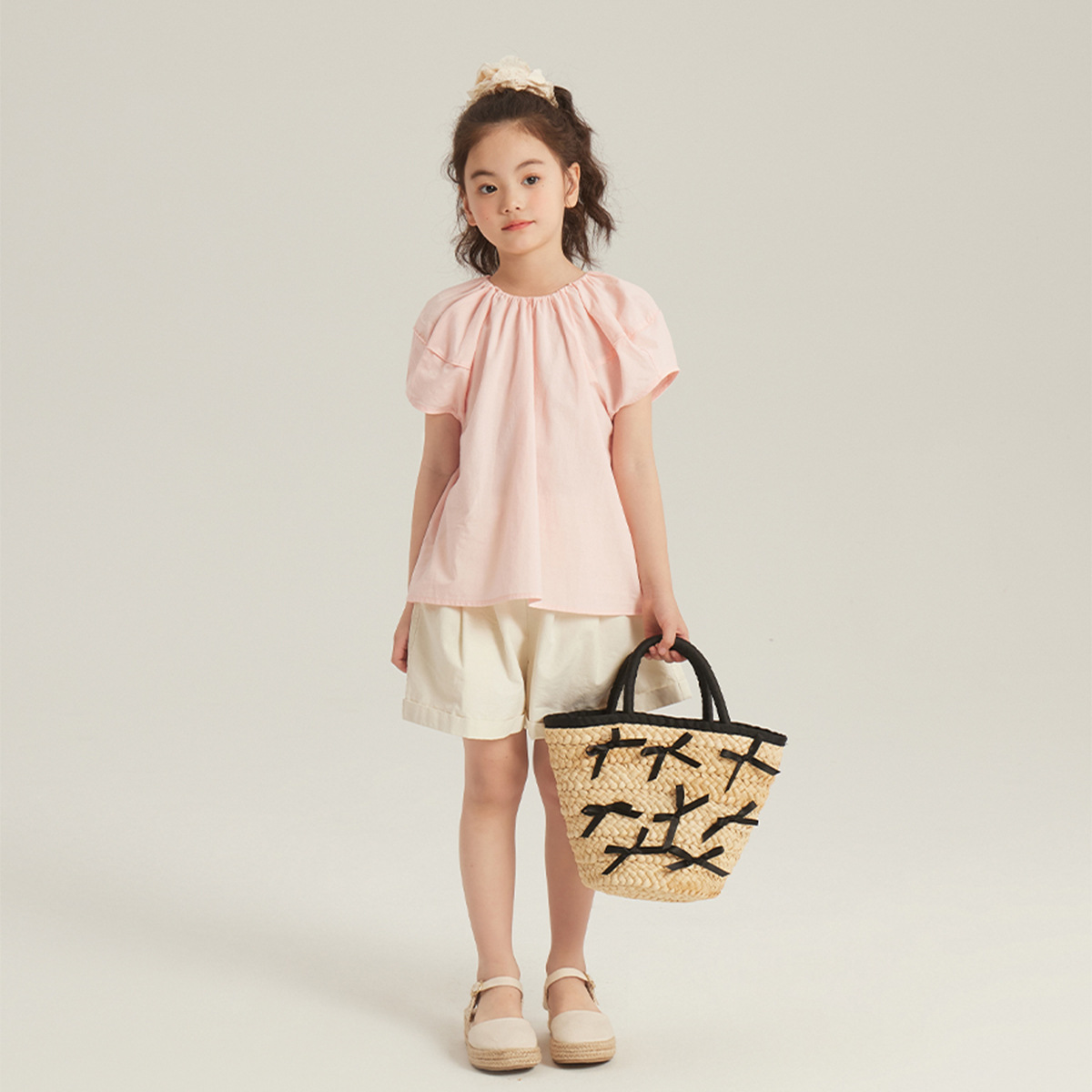 Picture of Korean style elegant sweet style girls' puff sleeve T-shirt refreshing and comfortable girls' small shirt 2024 Summer cotton shirt