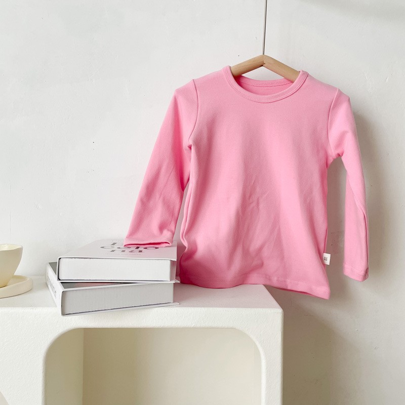 Picture of 2023 Children's Cotton Long-sleeved T-shirt Base Shirt Spring and Autumn Loose Solid Color Round Neck Sanding Top for Boys and Girls