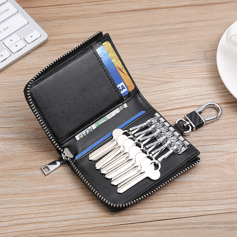 Picture of Matte Carbon Fiber Pattern Leather Key Case Men's Multifunctional Contrast Color Zipper Cowhide Key Chain Card Holder 2-in -1