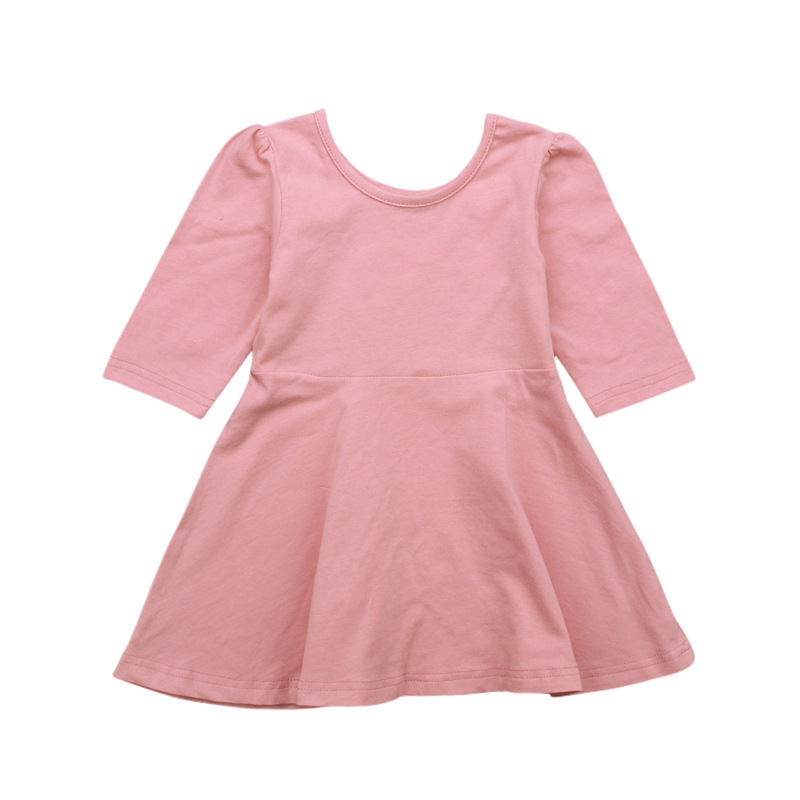 Picture of Children's European and American spring and autumn girls' three-quarter sleeve solid color dress children's clothing one-piece delivery ins