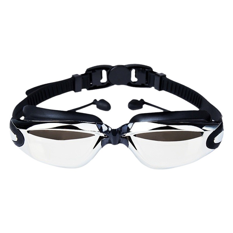 High-definition swimming goggles electroplated one-piece earplugs cross-border waterproof anti-fog flat light ladies pink myopia swimming glasses wholesale