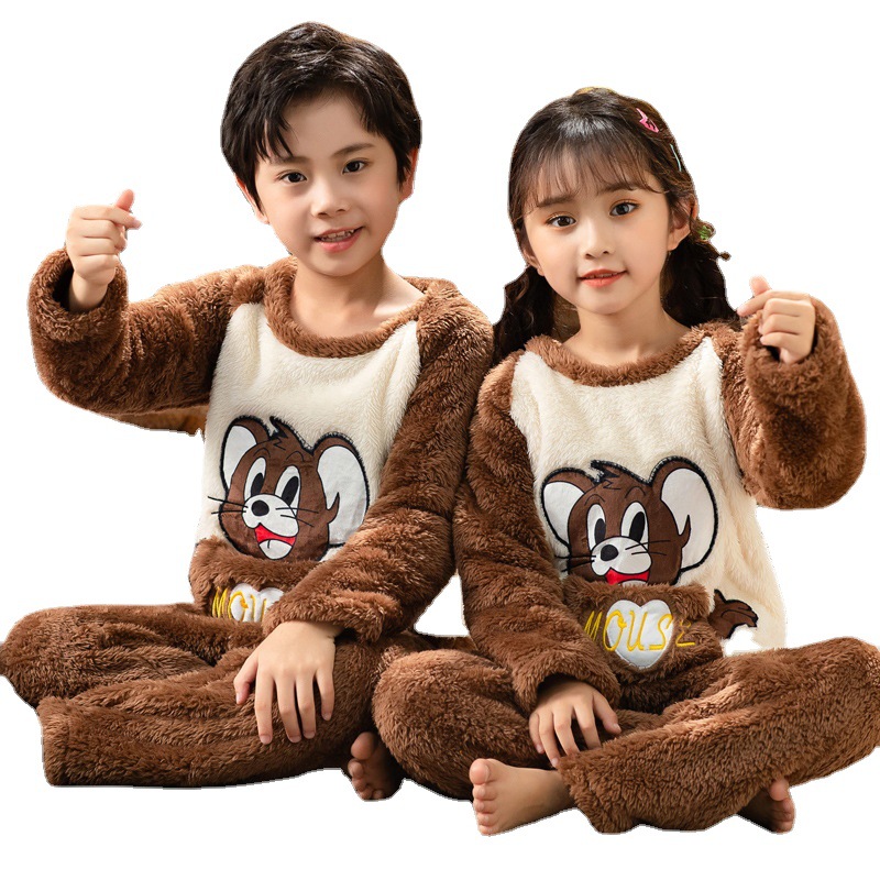 Picture of Children's Pajamas Winter Flannel Cute Boys' and Girls' Thickened Coral Fleece Plush Home Clothes