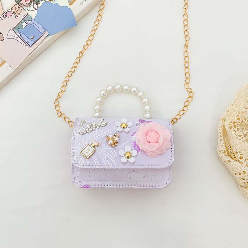 Picture of Ethnic Embroidered Children's Pearl Handbag Girl's Small Change Bag Fashion Cute Princess Chain Crossbody Bag