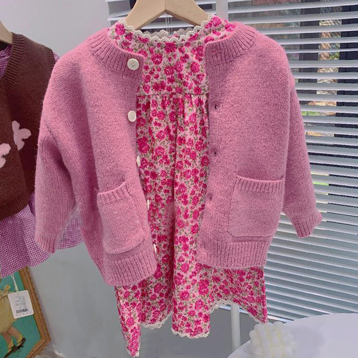 Girls Autumn Clothing Set 2024 New Korean Style Western Style Floral Dress Knitted Cardigan Set for Children Y78