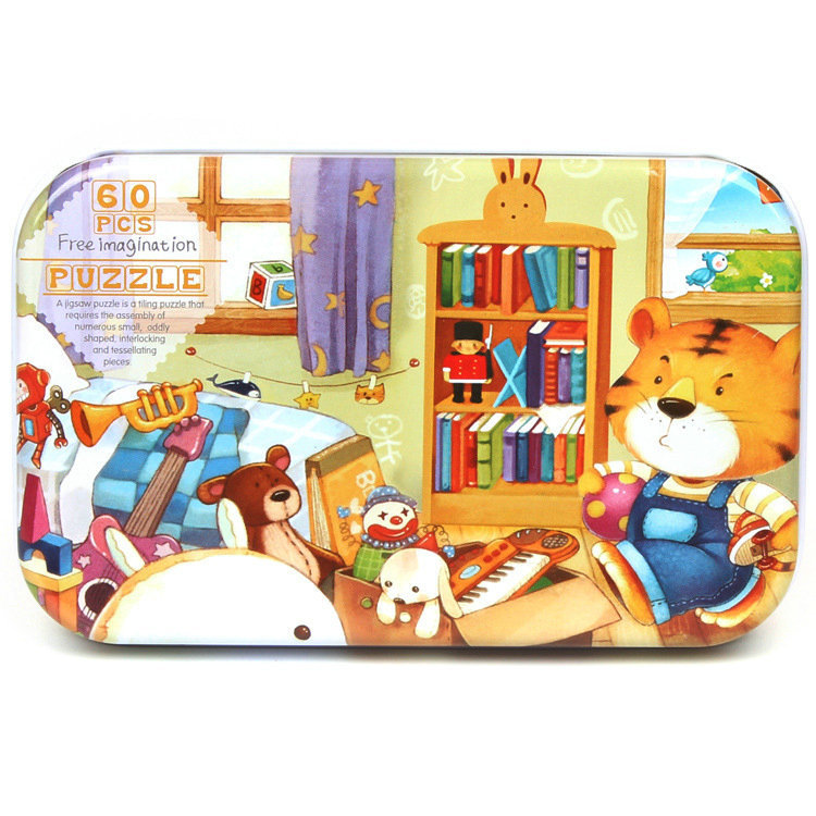 Picture of 60 pieces iron box puzzle children's educational kindergarten early education cartoon wooden puzzle toy generation
