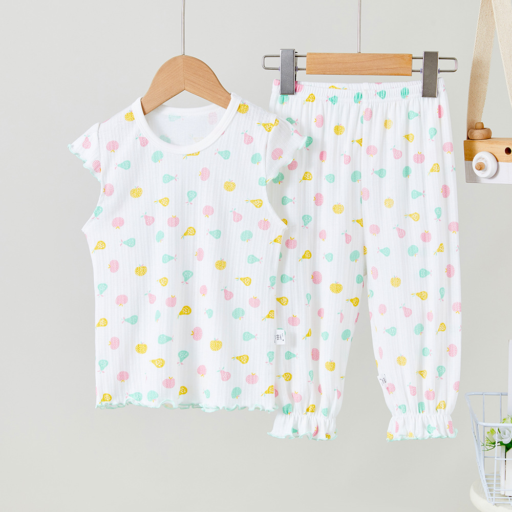 Picture of Children's short sleeve cropped pants set pure color female baby air conditioning home clothing 100 cotton thin bottoming shirt wholesale