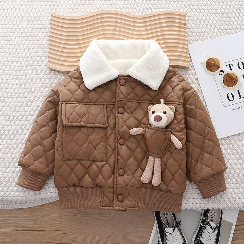Picture of Children's Leather Cotton-padded Coat Winter 2023 New Boys Korean Style Lapel fleece-lined Thickened Cartoon Cotton-padded Coat Trendy