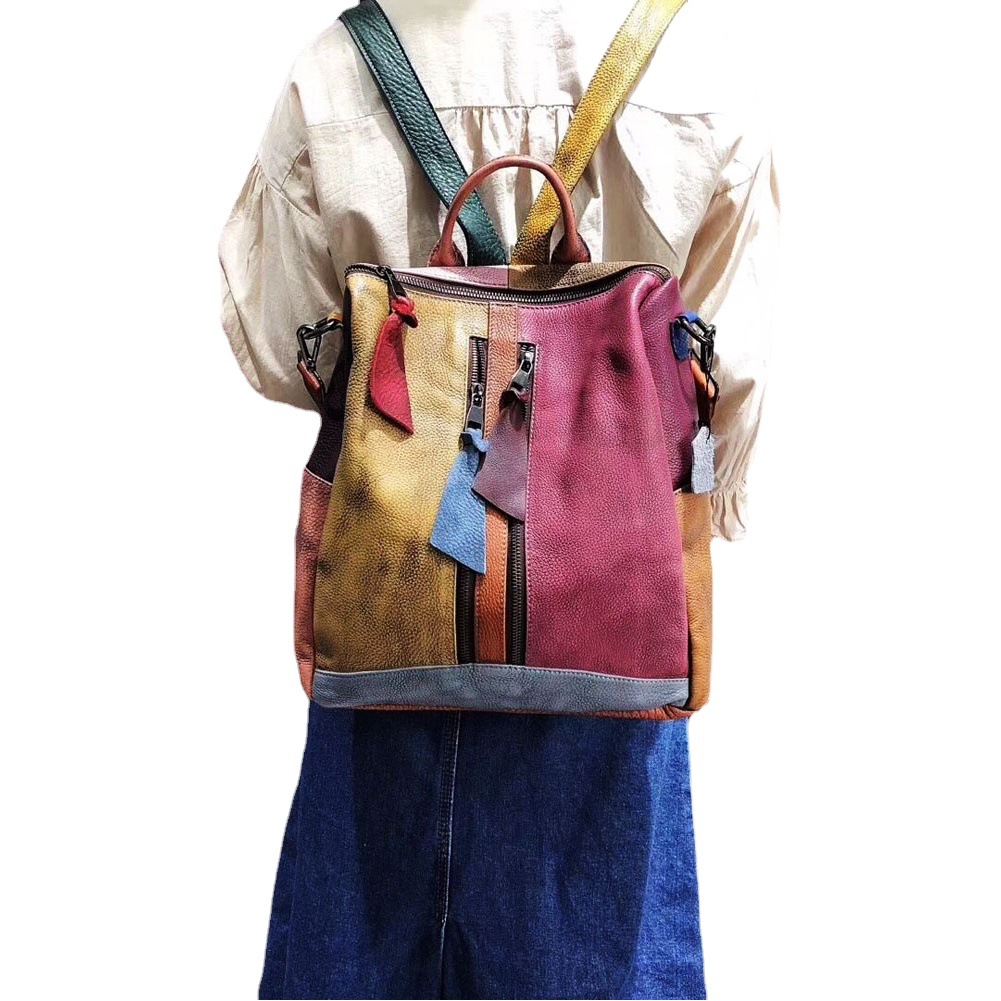 Women's Backpack, Trendy Retro Women's Bag, Genuine Leather Handbag, Color-Brushed Backpack, Casual Bag, Ready for Delivery