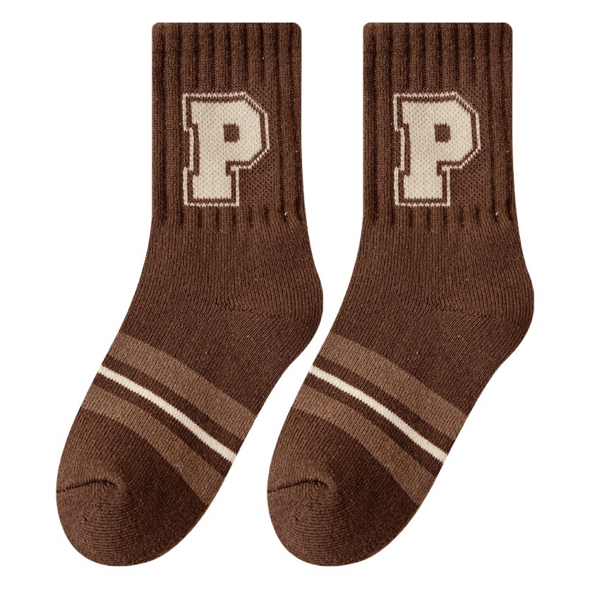 Children's socks boys and girls brown striped Spring and Autumn Winter pure full color cotton plus velvet thickened Terry mid-calf length socks wholesale