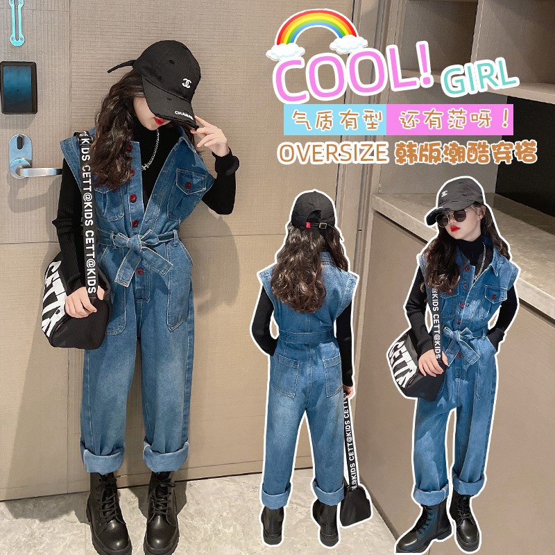 Girls' jumpsuit autumn Western style children's thin workwear jumpsuit fashionable big children's one-piece Denim shorts summer wear