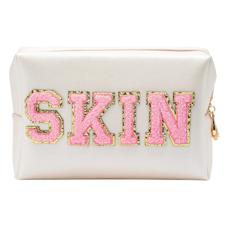 Amazon popular cosmetic bag pu towel embroidered letters octagonal storage bag travel portable wash bag cosmetic bag