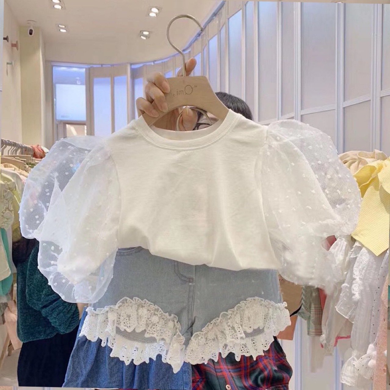 Spring and Summer 2023 Style Girl's Bubble Dress Lace Jeans Two-Piece Set W15