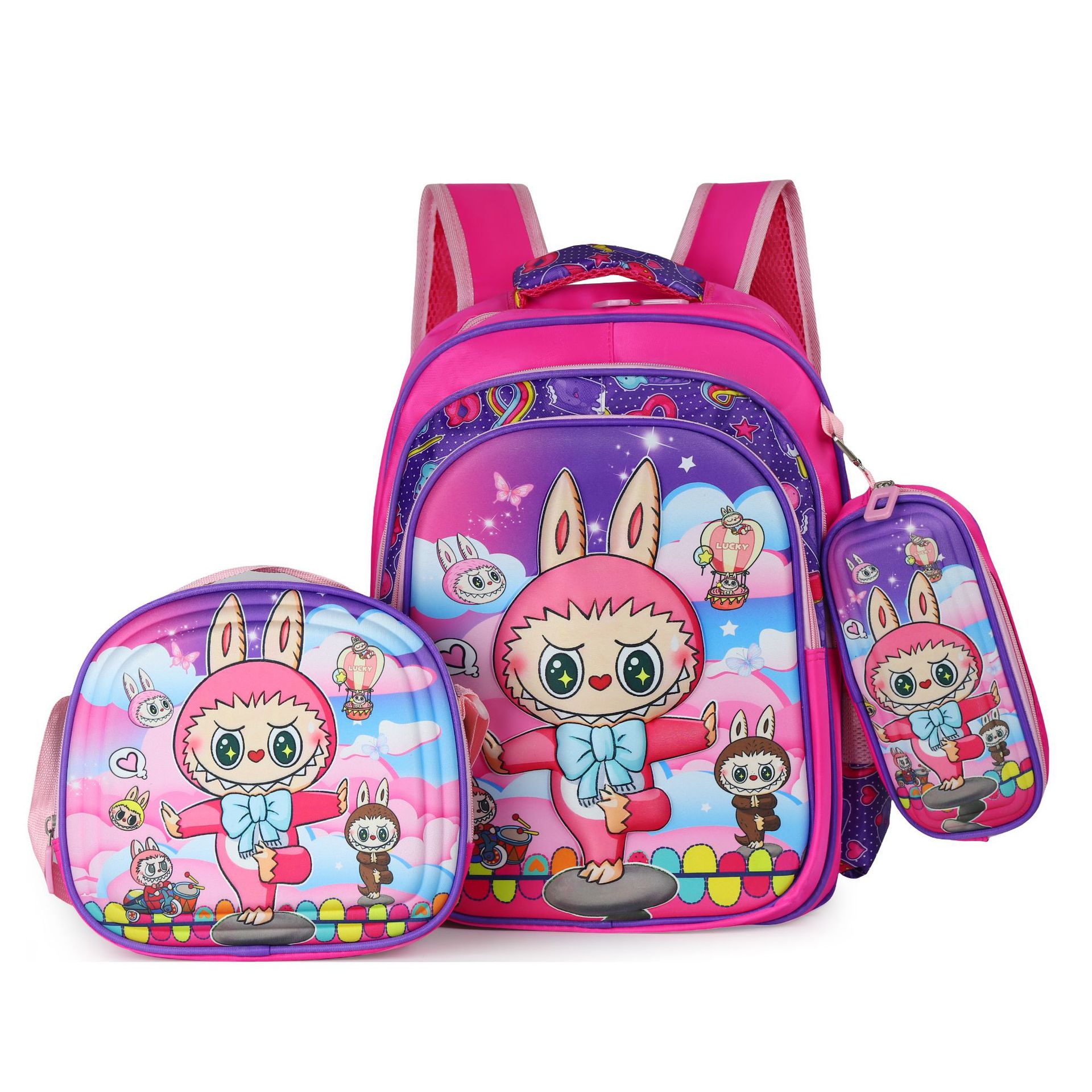 Picture of Cross-border three-piece children's schoolbag 16-inch sleeved pull rod large capacity 3D hard shell labubu kindergarten schoolbag