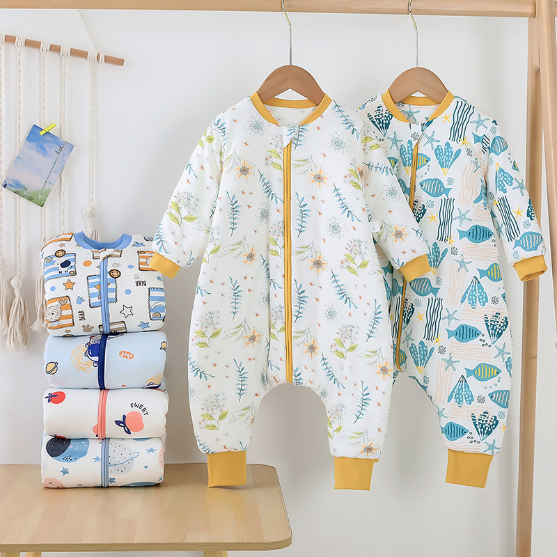 New Spring & Fall Infant Cotton One-Piece Harem Cartoon Double-Layer Split-Leg Sleeping Bag Split-Leg Baby Anti-Kick Home Children's Clothing