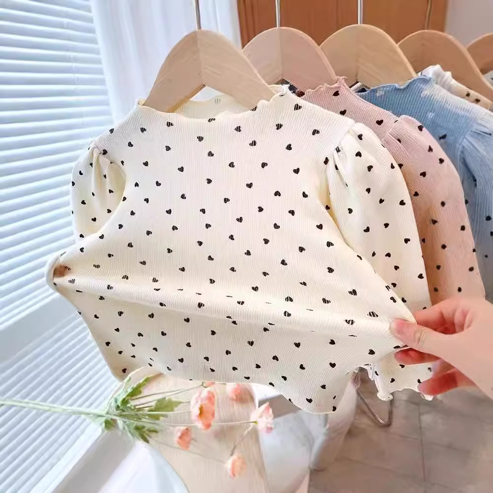 Picture of Spring and Autumn Girls' Clothing Bottoming Shirt Baby Fashionable Children's Personality Trendy Brand Korean Style Ear-Shaped Heart Puff Sleeves