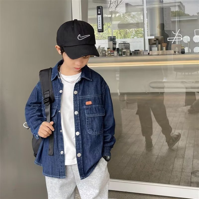 Boys' Denim Shirts Spring & Fall 2024 New Style Handsome and Trendy Big Kidsren's Autumn Clothing Kidsren's Clothing Jackets Long-Sleeved Shirts