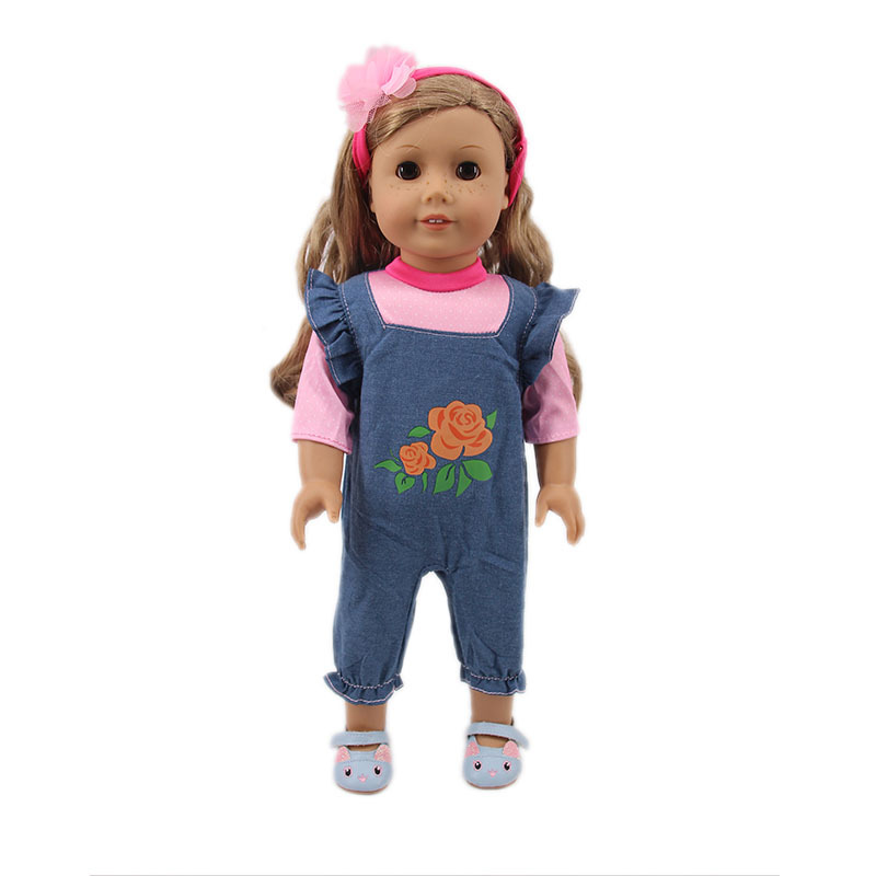 Picture of New 18 inch American doll accessories denim suspenders 43cm summer doll clothes set factory straight hair