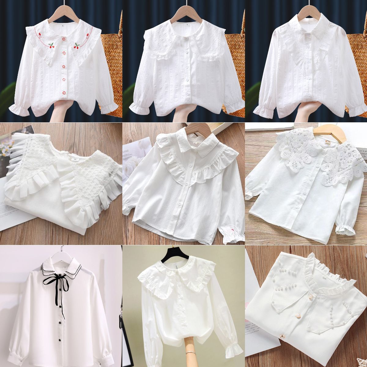 Shirt lace white girl's bottoming shirt top middle and small children's clothing student long sleeve middle and big children's inner wear overseas