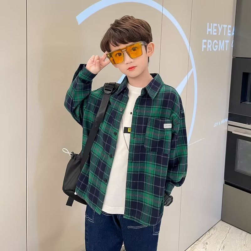 Picture of Boys' Shirt Spring and Autumn 2024 New Children's Shirt Large Children's Plaid Lapel Korean Casual Spring Top