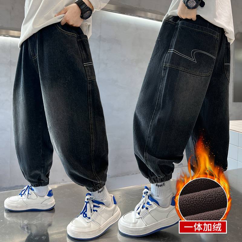 Picture of Boys' Pants Autumn and Winter 2025 New Style for Older Children, Boys' Winter Casual Pants, Children's Fleece-Lined Thickened Jeans