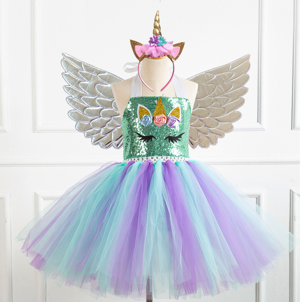 Picture of European and American Children's Clothing Sequin Mesh Handmade Girl's Dress Children's Performance Dress Princess Dress One-Corner Headwear